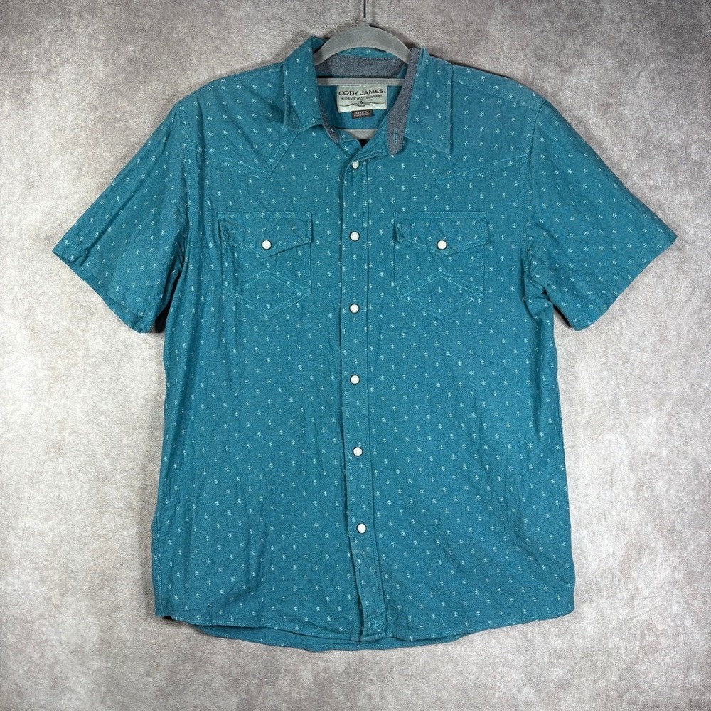 Cody James Shirt Mens M Teal Geometric Pearl Snap Western Short Sleeve Cotton